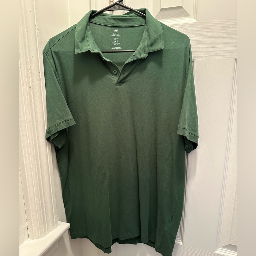 H&M Men's Forest Green & Black Polo Shirt